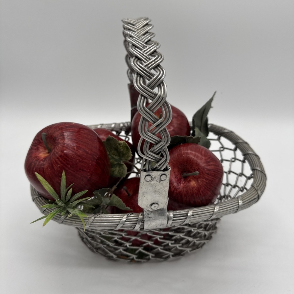 Silver Basket Woven Metal Hinged Handle Natural Patina India W/ Faux‎ Apples
